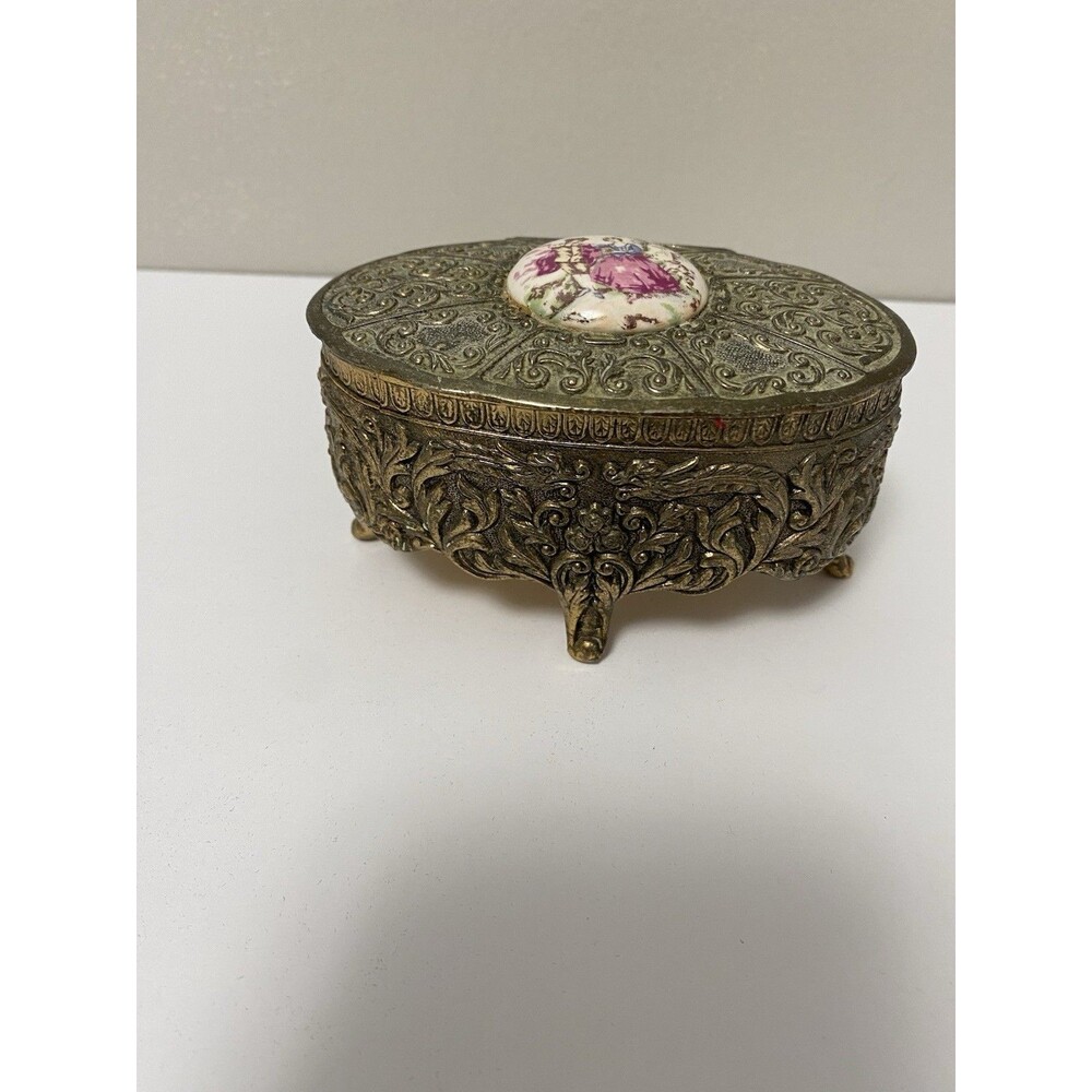 VTG Metal Ornate With Enamel Painted Cameo Trinket Box By Farrington